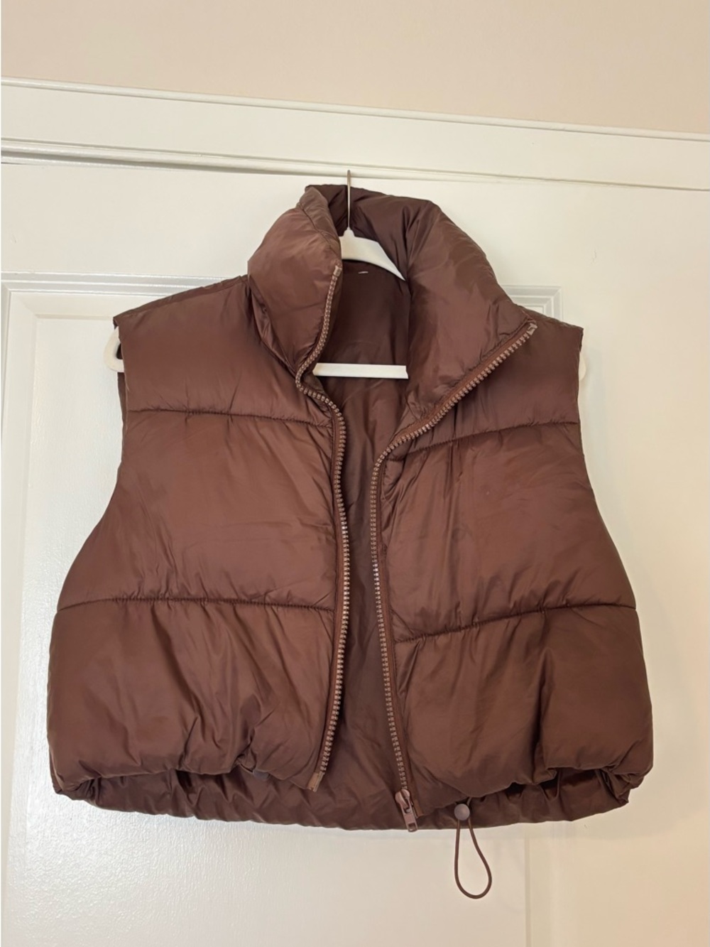 Brown Mini Puffer Vest Sleeveless Zip Front